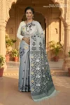 Handloom Pure Cotton Slate Gray Jamdani Saree - Golden, White & Blue Buti
