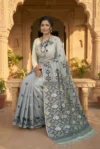 Handloom Pure Cotton Slate Gray Jamdani Saree - Golden, White & Blue Buti - Image 2