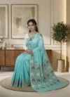 Handloom Pure Cotton Turquoise Dhakai Jamdani Saree - Coffee, Blue & White Buti - Image 2