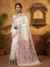 Handloom Pure Cotton White Dhakai Jamdani Saree - Magenta, Green & Light Coffee Buti