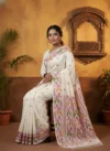 Handloom Pure Cotton White Dhakai Jamdani Saree - Magenta, Green & Light Coffee Buti - Image 2