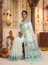 Handloom Pure Cotton White Dhakai Jamdani Saree - Turquoise, Golden & Deep Blue Buti - Image 2