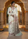 Handloom Pure Cotton White Jamdani Saree - Green, Red & Light Golden Buti