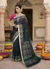 Handloom Pure Mercerised Cotton Black Tant Saree - Turquoise, Magenta, Light Golden Buti