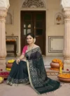 Handloom Pure Mercerised Cotton Black Tant Saree - Turquoise, Magenta, Light Golden Buti - Image 2