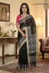 Handloom Pure Mercerised Cotton Black Tant Saree - White, Light Golden & Magenta Buti