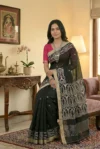 Handloom Pure Mercerised Cotton Black Tant Saree - White, Light Golden & Magenta Buti - Image 2