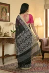 Handloom Pure Mercerised Cotton Black Tant Saree - White, Light Golden & Magenta Buti - Image 3