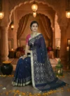 Handloom Pure Mercerised Cotton Deep Blue Tant Saree - Turquoise, Magenta, Light Golden Buti - Image 2