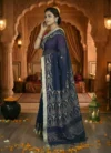 Handloom Pure Mercerised Cotton Deep Blue Tant Saree - Turquoise, Magenta, Light Golden Buti - Image 3