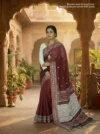 Handloom Shiny Cotton Burnt Maroon Saree - White & Red Buti