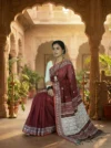 Handloom Shiny Cotton Burnt Maroon Saree - White & Red Buti - Image 2
