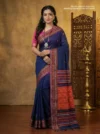 Handloom Shiny Cotton Deep Blue Saree - Orange & Magenta Buti