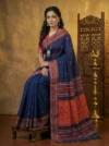 Handloom Shiny Cotton Deep Blue Saree - Orange & Magenta Buti - Image 2