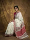 Handloom Shiny Cotton White Saree - Black & Red Buti - Image 2