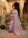 Handloom Soft Cotton Slate Gray Tant Saree - Magenta & Orange Buti