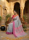 Handloom Soft Cotton Slate Gray Tant Saree - Magenta & Orange Buti - Image 2