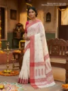 Handloom Soft Cotton White Tant Saree - Red Buti