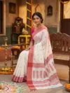 Handloom Soft Cotton White Tant Saree - Red Buti - Image 2