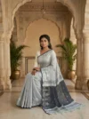 Khadi Cotton Ash Gray Saree - White Buti - Image 2