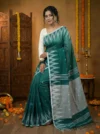 Khadi Cotton Buti Dark Turquoise Saree - White Buti - Image 2