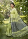 Khadi Cotton Pear Green Saree - White Buti