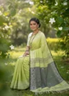 Khadi Cotton Pear Green Saree - White Buti - Image 2