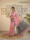 Khadi Cotton Salmon Pink Saree - White Buti