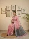 Khadi Cotton Salmon Pink Saree - White Buti - Image 2