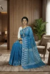 Khadi Cotton Sapphire Blue Saree - White Buti - Image 2