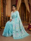 Pure Cotton Aqua Blue Modern Jamdani Saree - Golden, Magenta & Black Buti - Image 2