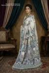Pure Cotton Slate Gray Modern Jamdani Saree - Golden, Turquoise & White Buti