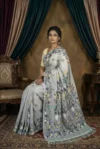 Pure Cotton Slate Gray Modern Jamdani Saree - Golden, Turquoise & White Buti - Image 2