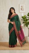 Handloom Shiny Cotton Green Saree - Orange & Pink Buti