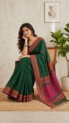 Handloom Shiny Cotton Green Saree - Orange & Pink Buti - Image 2